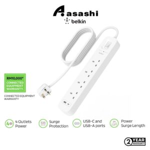 b7632d6a11b44b3ff2976d22e03f1d73.jpeg Belkin SRB001AF2M-MY 4 Way Surge Protector with USB-C and USB-A Port - 2meter