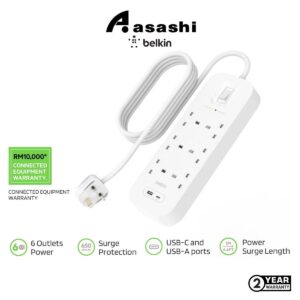 cff5d2a340f92a05114af255d4b747e7.jpeg Belkin SRB002AF2M-MY 6 Way Surge Protector with USB-C and USB-A Port - 2meter